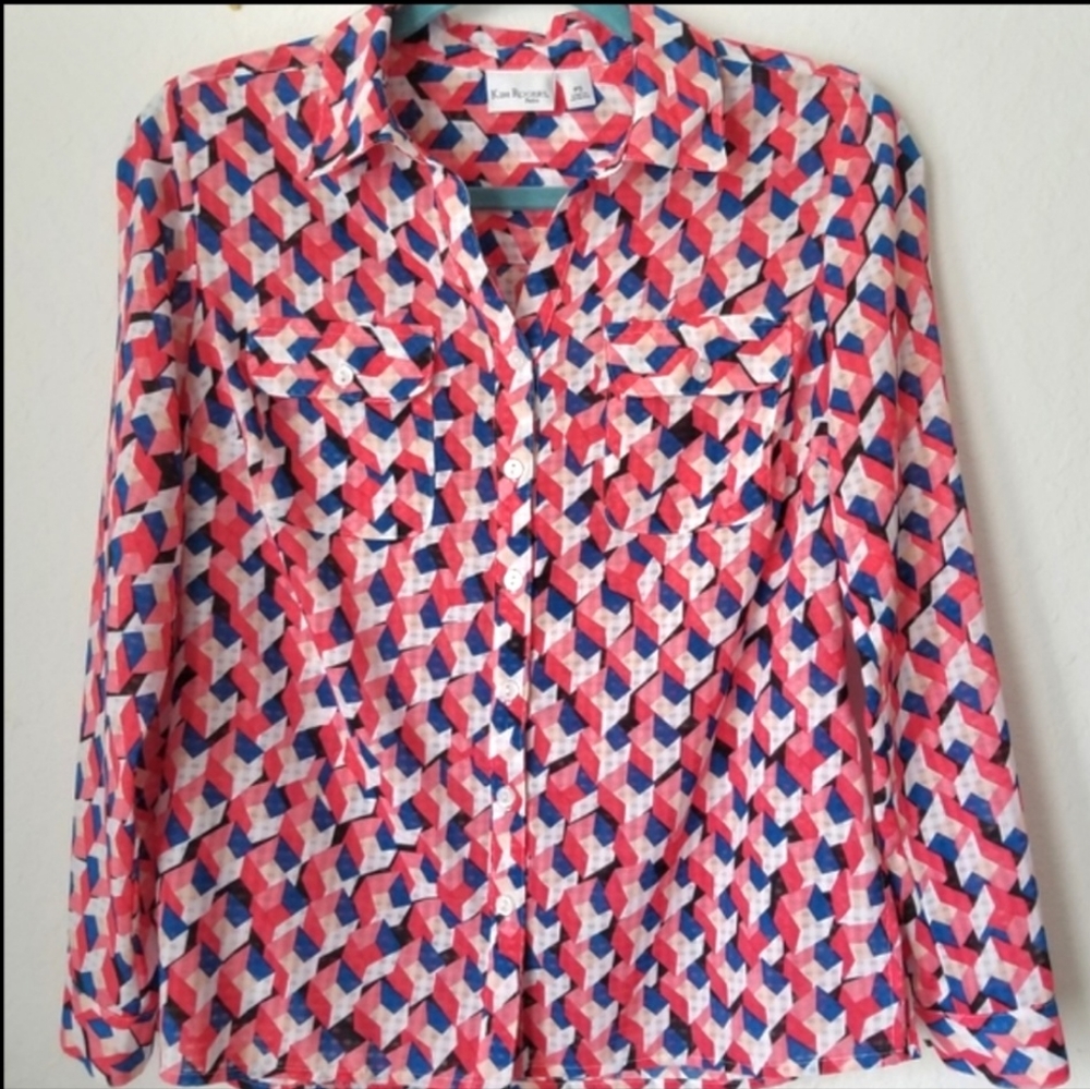 Kim Rogers Geometric Print Button Down Blouse Petite Small
